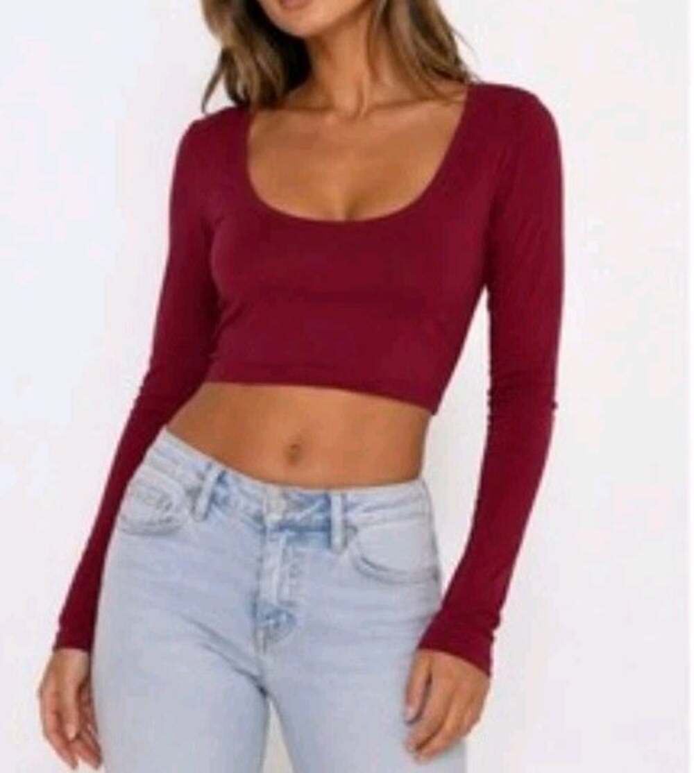 Naked Wardrobe NEW Burgundy Wine Bodycon Long Sleeve Scoop Neck Cropped Top M